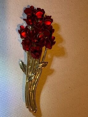 Gold-Tone Bouquet Brooch with Deep Red Enamel Flowers